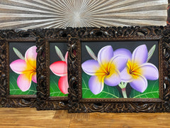 Balinese Canvas Frangipani Painting w/Bali Carved Frame - Frangipani Painting