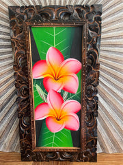 Balinese Canvas Frangipani Painting w/Bali Carved Frame - Bali Painting 33x63cm