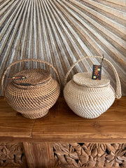 New Balinese Hand Woven Rattan Basket w/Handle + Lid - Rattan Bali Basket