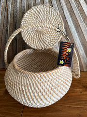 New Balinese Hand Woven Rattan Basket w/Handle + Lid - Rattan Bali Basket