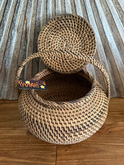New Balinese Hand Woven Rattan Basket w/Handle + Lid - Rattan Bali Basket