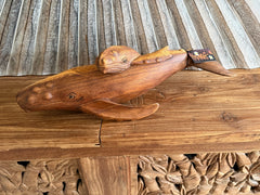 Balinese Hand Carved Suar Wood Whale Sculpture - Wood Carved Whale w/calf