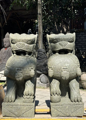 Balinese Quality Hand Carved Set 2 Greenstone Foo Dogs - Bali Foo Dog Statue 1m