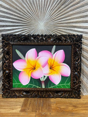 Balinese Canvas Frangipani Painting w/Bali Carved Frame - Frangipani Painting