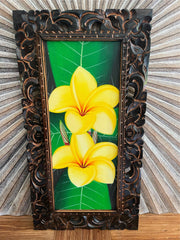 Balinese Canvas Frangipani Painting w/Bali Carved Frame - Bali Painting 33x63cm