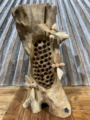 Balinese Hand Carved Teak Wood Bee's on Hive Sculptures - Wooden Bee Sculpture
