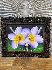 Balinese Canvas Frangipani Painting w/Bali Carved Frame - Frangipani Painting