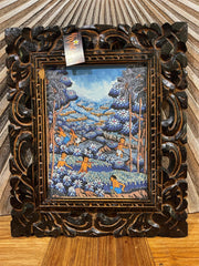 Traditional Balinese Painting on Canvas w/Bali Carved Frame - Bali Painting