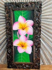Balinese Canvas Frangipani Painting w/Bali Carved Frame - Bali Painting 33x63cm