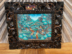 Traditional Balinese Painting on Canvas w/Bali Carved Frame - Bali Painting