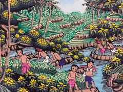 Traditional Balinese Painting on Canvas w/Bali Carved Frame - Bali Painting