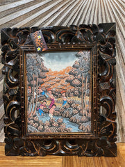 Traditional Balinese Painting on Canvas w/Bali Carved Frame - Bali Painting