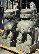 Balinese Quality Hand Carved Set 2 Greenstone Foo Dogs - Bali Foo Dog Statue 1m