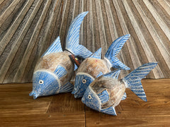 NEW Balinese Hand Carved Wooden Set 3 Fish Family Sculptures - Bali Gold Fish