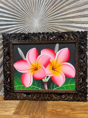 Balinese Canvas Frangipani Painting w/Bali Carved Frame - Frangipani Painting