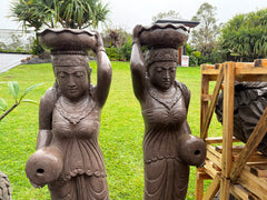 Set of 2 Balinese Master Carved Pink LAVA Stone Dewi Statue - Bali Garden Art