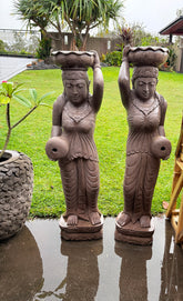 Set of 2 Balinese Master Carved Pink LAVA Stone Dewi Statue - Bali Garden Art