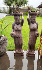 Set of 2 Balinese Master Carved Pink LAVA Stone Dewi Statue - Bali Garden Art