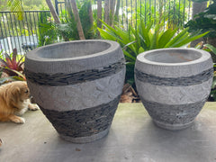 Balinese Slate Pot w/Frangipani Carving - Bali Feature Pot - 2 Sizes 40 or 50cm