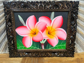 Balinese Canvas Frangipani Painting w/Bali Carved Frame - Frangipani Painting