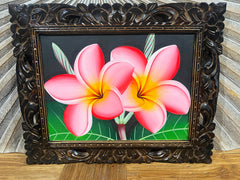 Balinese Canvas Frangipani Painting w/Bali Carved Frame - Frangipani Painting