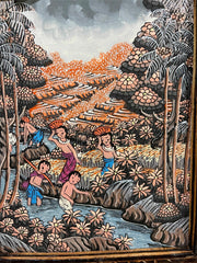 Traditional Balinese Painting on Canvas w/Bali Carved Frame - Bali Painting