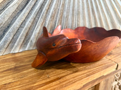 NEW Balinese Hand Carved Suar Wood Dolphin Bowl - Bali Carved Dolphin Bowl 40cm
