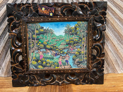 Traditional Balinese Painting on Canvas w/Bali Carved Frame - Bali Painting
