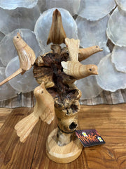 NEW Balinese Hand Carved Wooden Bird Sculpture - Wooden Birds in Tree Sculpture