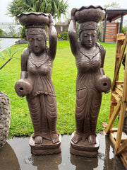 Set of 2 Balinese Master Carved Pink LAVA Stone Dewi Statue - Bali Garden Art