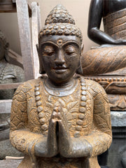 Balinese Master Carved LAVA Stone Buddha Statue w/Batik Cloak - RARE PIECE!!