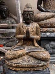 Balinese Master Carved LAVA Stone Buddha Statue w/Batik Cloak - RARE PIECE!!