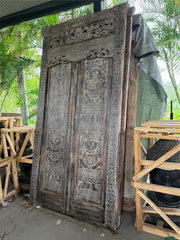 Primitive Balinese Teak Doors in Frame - Hand Carved Recycled Teak Bali Doors