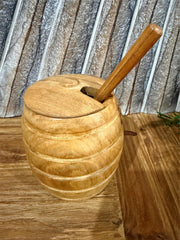 Balinese Hand Crafted Teak Wooden Beehive Honey Pot w/Lid + Dipper Spoon