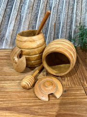 Balinese Hand Crafted Teak Wooden Beehive Honey Pot w/Lid + Dipper Spoon