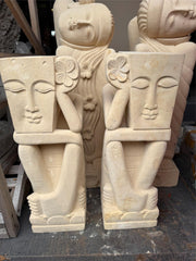 Hand Carved Set of 2 Limestone Balinese Mimpi Statues REDUCED FOR QUICK SALE