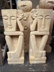 Hand Carved Set of 2 Limestone Balinese Mimpi Statues REDUCED FOR QUICK SALE