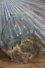 NEW Balinese Blown Glass on Wood Bowl - Bali Molten Glass on Wood - Slump Glass