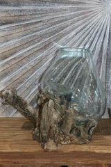 NEW Balinese Blown Glass on Wood Bowl - Bali Molten Glass on Wood - Slump Glass