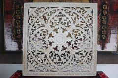 NEW Balinese Hand Carved White Washed Wood Panel - Bali Mandala Wooden Panel