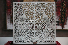 NEW Balinese Hand Carved White Washed Wood Panel - Bali Mandala Wooden Panel