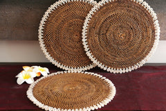 NEW Bali Woven Rattan Placemats w/Shell Trim - Balinese Woven Table Mat w/Shells
