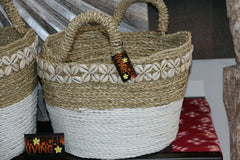 NEW Balinese BOHO Hand Crafted Seagrass Open Basket w/Shell Trim - 3 Sizes Avail