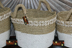 NEW Balinese BOHO Hand Crafted Seagrass Open Basket w/Shell Trim - 3 Sizes Avail