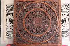 NEW Balinese Hand Carved White Washed Wood Panel - Bali Mandala Wooden Panel