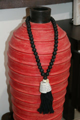 NEW Hand Crafted Balinese Wood Shell Necklace - Wood Bead / Cone Shell Tassel