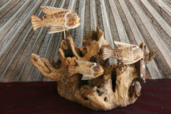 NEW Bali Wood Carved Fish Sculpture on Driftwood - Hand Crafted Fish Sculpture