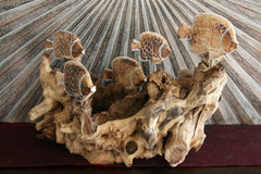 NEW Bali Wood Carved Fish Sculpture on Driftwood - Hand Crafted Fish Sculpture