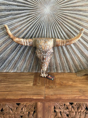 NEW Balinese Hand Carved & Crafted Buffalo Skull with Horn Wall Art