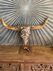 NEW Balinese Hand Carved & Crafted Buffalo Skull with Horn Wall Art
